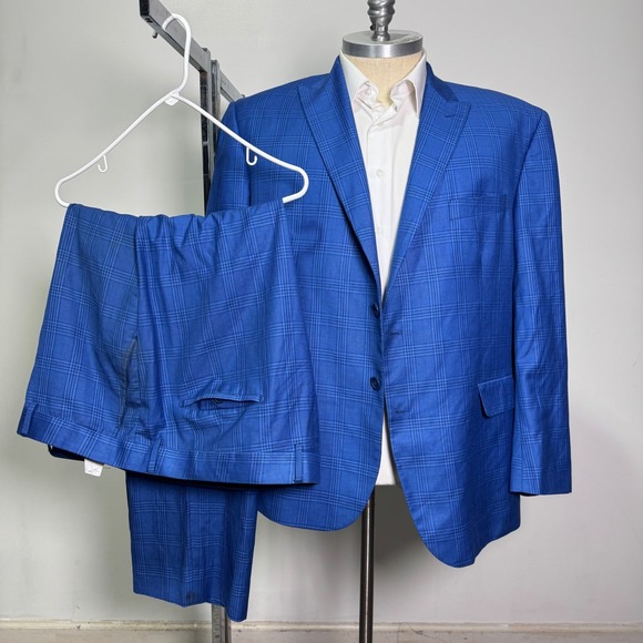 Dominique Wilkins Suit Mens 52R 47W Blue Plaid Super 120s Peak Lapel 2-Piece